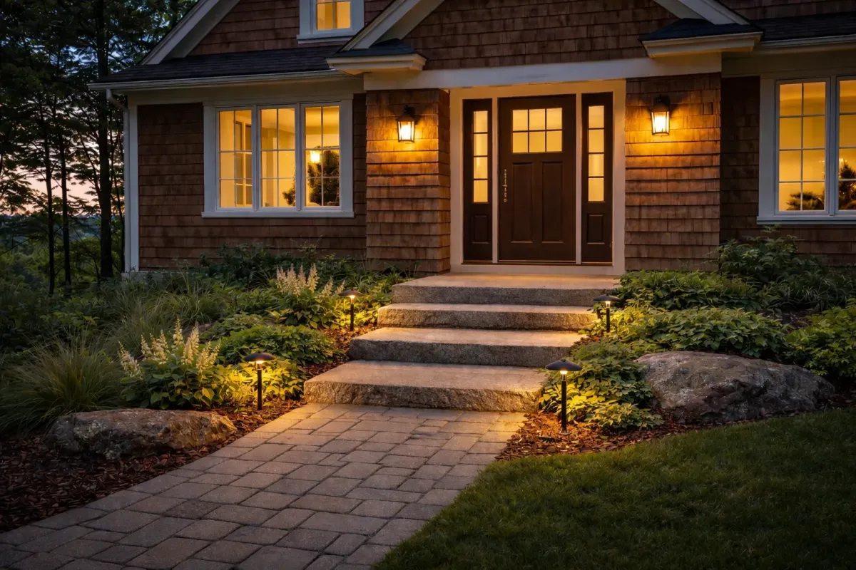 Elegant entryway featuring stone steps, defined walkway, and landscaped lighting, designed for durability and aesthetic appeal in Maine's climate.