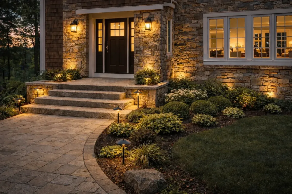 Elegant stone steps leading to a dark wooden front door, illuminated by wall sconces and pathway lights, surrounded by lush landscaping and a well-defined stone walkway, showcasing a refined entryway design.