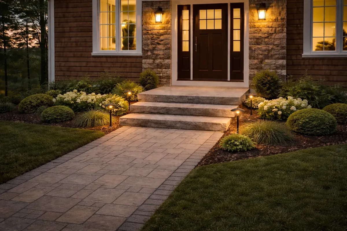 Elegant entryway with stone steps, pathway lighting, and landscaped greenery, showcasing a classic design ideal for enhancing home safety and curb appeal.